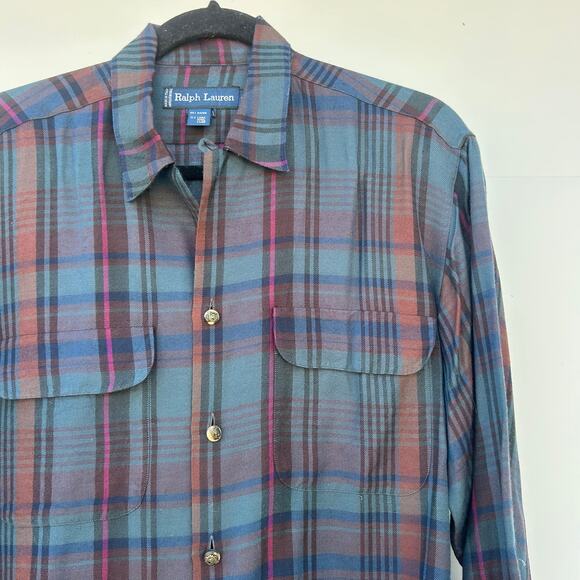 Vintage Ralph Lauren Flannel Bugle Hunting Horn Buttons Archival Plaid 8 Wool - Picture 7 of 9